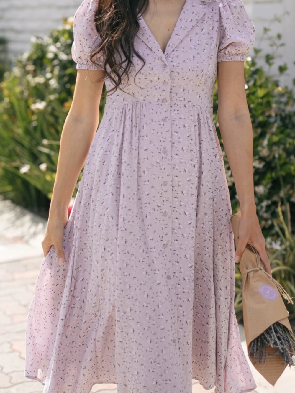 New Lavender Printed V-Neck Midi Dress with Puff Sleeves